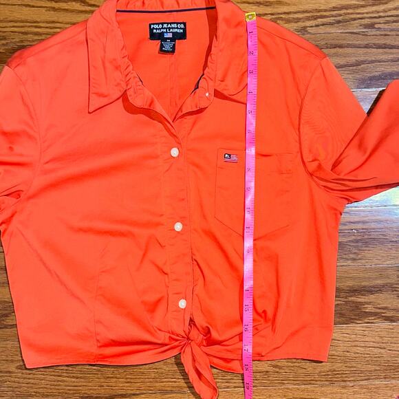 Vintage 90s Ralph Lauren Polo Jeans Co Orange Button Up Tie Waist Y2K Crop Top M - Picture 9 of 10